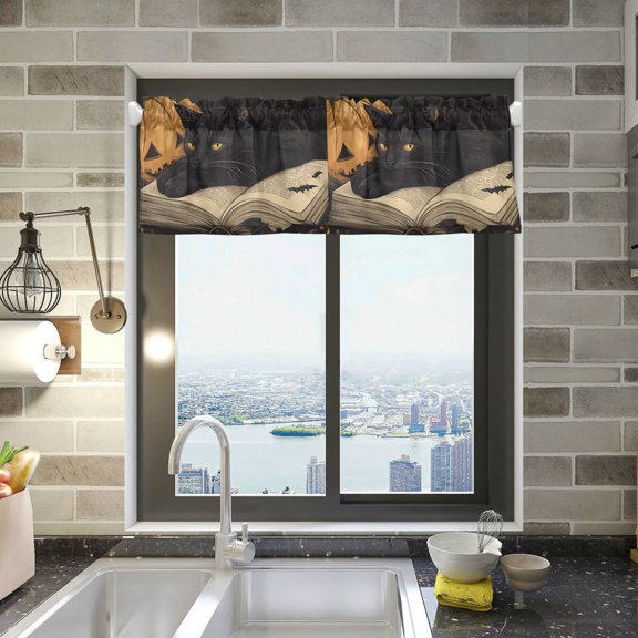 Yayeee Kitchen Valance Rod Pocket 54" x 18" Living Room Window Curtain, Retro Halloween Cat