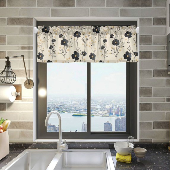 Yayeee Kitchen Valance Rod Pocket 54" x 18" Living Room Window Curtain, Small Black Flowers