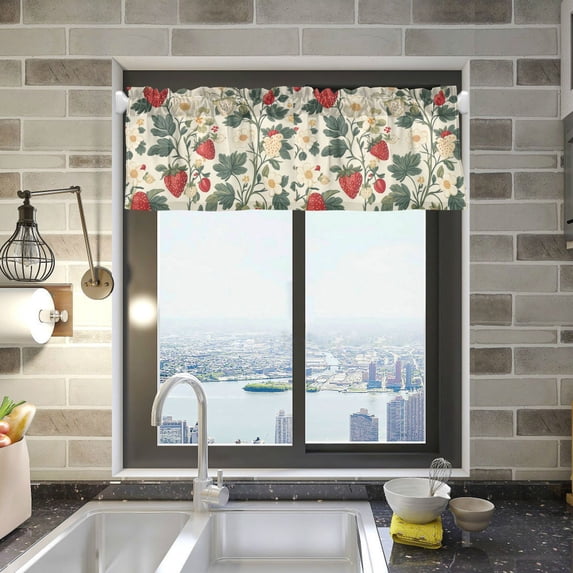 Yayeee Kitchen Valance Rod Pocket 54" x 18" Living Room Window Curtain, Small Strawberry Pattern