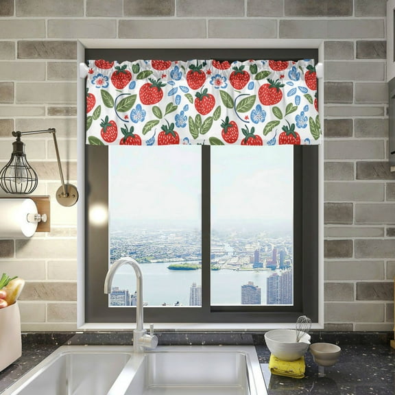 Yayeee Kitchen Valance Rod Pocket 54" x 18" Living Room Window Curtain, Vibrant Strawberries