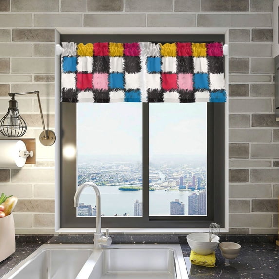 Yayeee Kitchen Valance Rod Pocket 54" x 18" Living Room Window Curtain, White Checkered Pattern