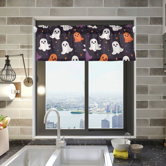 Yayeee Kitchen Valance Rod Pocket 54" x 18" Living Room Window Curtain, White Halloween Ghosts