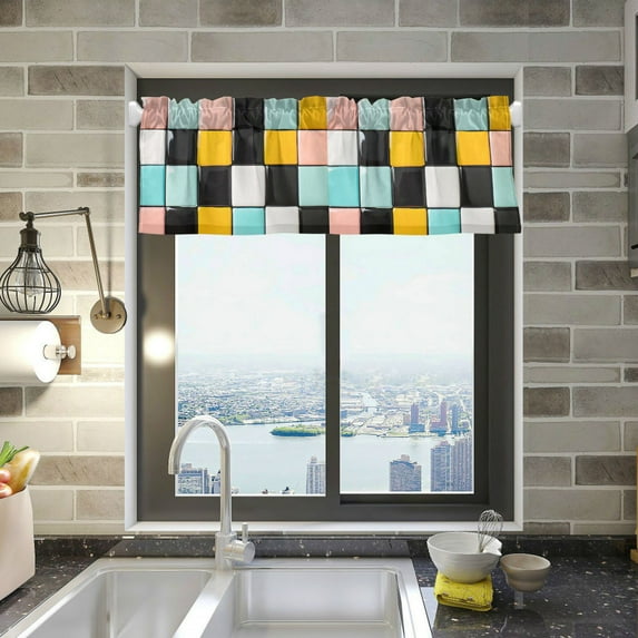 Yayeee Kitchen Valance Rod Pocket 54" x 18" Living Room Window Curtain, Yellow Checkered Pattern