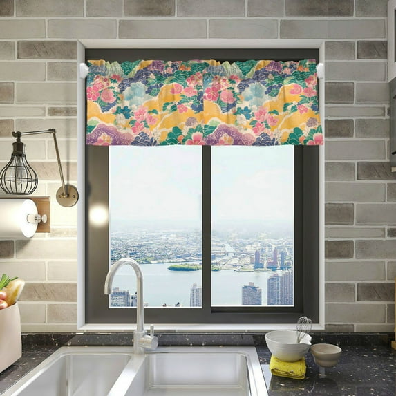 Yayeee Kitchen Valance Rod Pocket 54" x 18" Living Room Window Curtain, Yellow Floral Wave