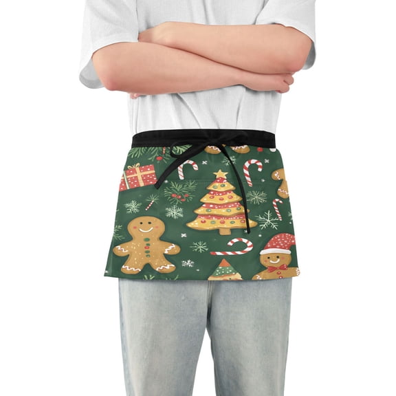 Yayeee Waist Apron with Pockets for Cooking Waterproof Half Server Aprons, Beige Christmas Gingerbread
