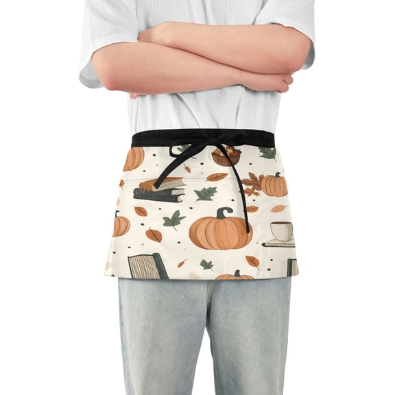 Yayeee Waist Apron with Pockets for Cooking Waterproof Half Server Aprons, Beige Fall Leaves