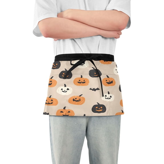 Yayeee Waist Apron with Pockets for Cooking Waterproof Half Server Aprons, Beige Halloween Pumpkin