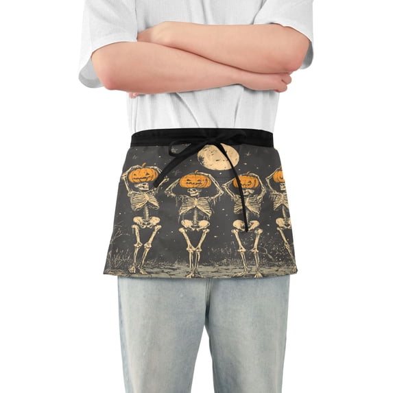 Yayeee Waist Apron with Pockets for Cooking Waterproof Half Server Aprons, Beige Halloween Skeleton