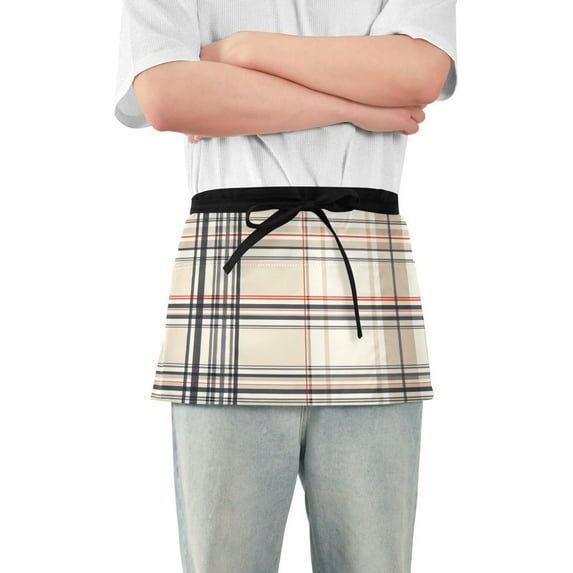 Yayeee Waist Apron with Pockets for Cooking Waterproof Half Server Aprons, Beige Plaid Pattern