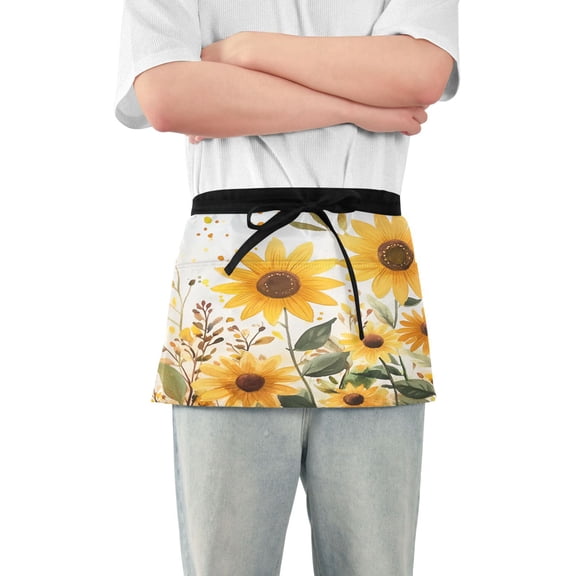 Yayeee Waist Apron with Pockets for Cooking Waterproof Half Server Aprons, Beige Sunflowers