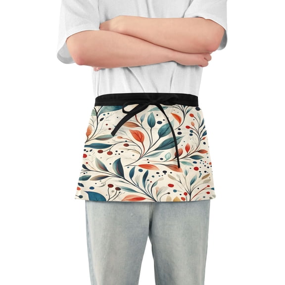 Yayeee Waist Apron with Pockets for Cooking Waterproof Half Server Aprons, Beige Whimsical Leaves