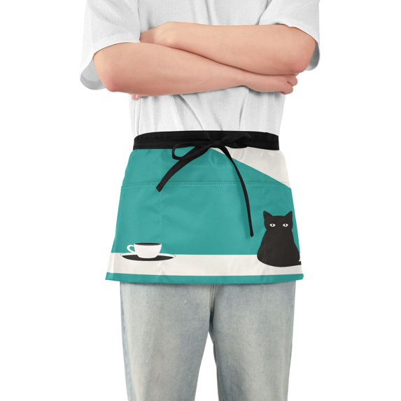 Yayeee Waist Apron with Pockets for Cooking Waterproof Half Server Aprons, Black Cat and Coffee