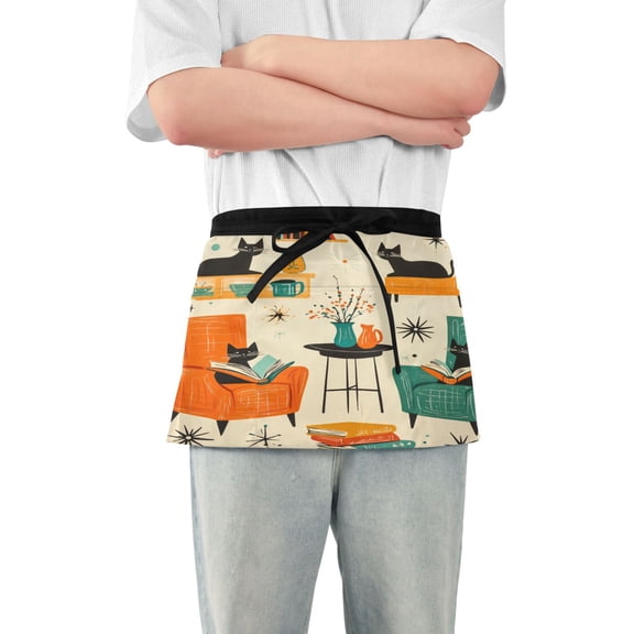 Yayeee Waist Apron with Pockets for Cooking Waterproof Half Server Aprons, Black Cats Reading