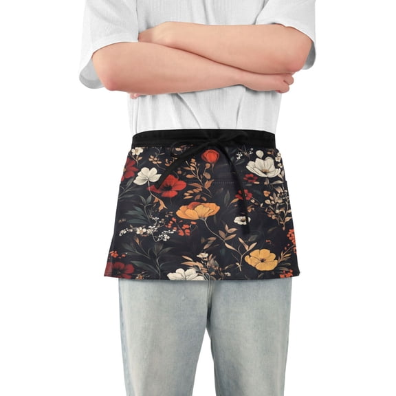 Yayeee Waist Apron with Pockets for Cooking Waterproof Half Server Aprons, Black Floral Pattern
