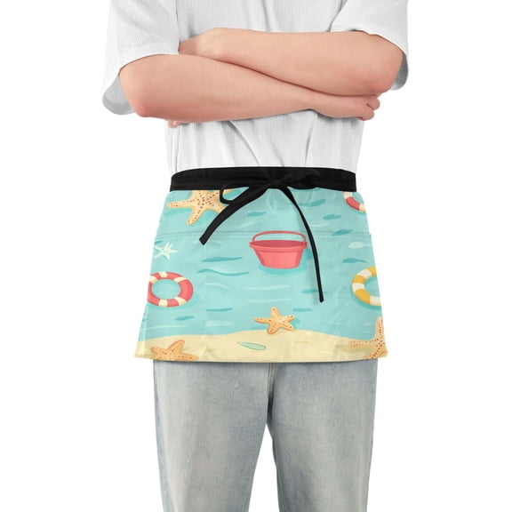 Yayeee Waist Apron with Pockets for Cooking Waterproof Half Server Aprons, Blue Beach Pattern