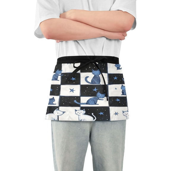 Yayeee Waist Apron with Pockets for Cooking Waterproof Half Server Aprons, Blue Cat Stars