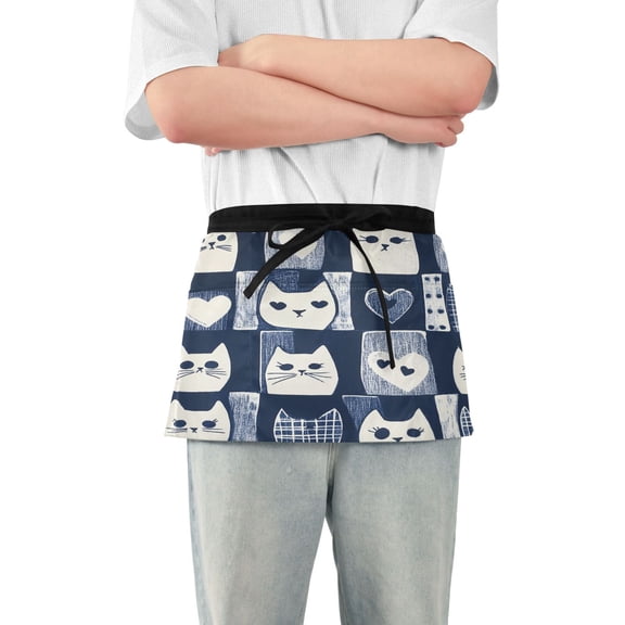 Yayeee Waist Apron with Pockets for Cooking Waterproof Half Server Aprons, Blue Cats and Hearts