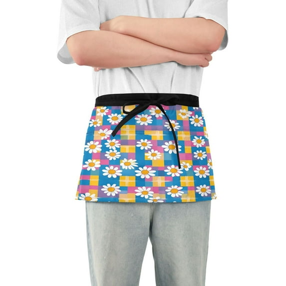Yayeee Waist Apron with Pockets for Cooking Waterproof Half Server Aprons, Blue Checkered Daisy