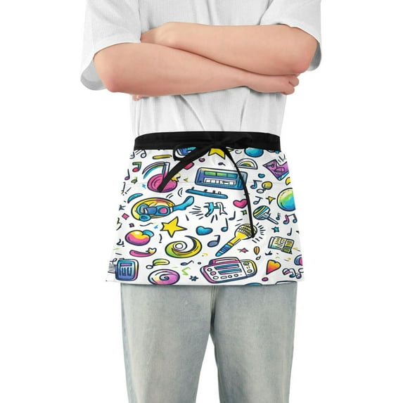 Yayeee Waist Apron with Pockets for Cooking Waterproof Half Server Aprons, Blue Doodle Pattern
