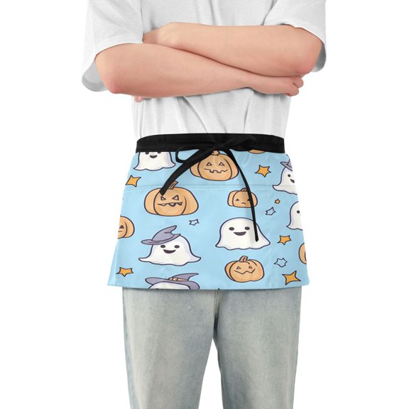Yayeee Waist Apron with Pockets for Cooking Waterproof Half Server Aprons, Blue Halloween Ghosts
