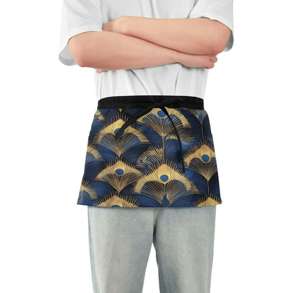 Yayeee Waist Apron with Pockets for Cooking Waterproof Half Server Aprons, Blue Peacock Feathers Pattern