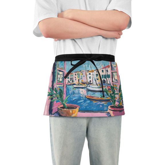 Yayeee Waist Apron with Pockets for Cooking Waterproof Half Server Aprons, Blue Plants Window