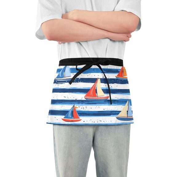 Yayeee Waist Apron with Pockets for Cooking Waterproof Half Server Aprons, Blue Sailboats