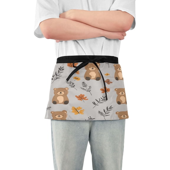 Yayeee Waist Apron with Pockets for Cooking Waterproof Half Server Aprons, Brown Cartoon Bears