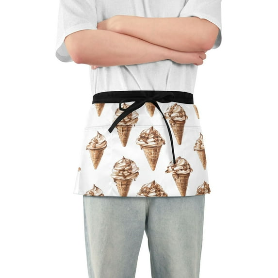 Yayeee Waist Apron with Pockets for Cooking Waterproof Half Server Aprons, Brown Ice Cream Pattern