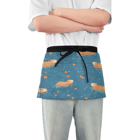 Yayeee Waist Apron with Pockets for Cooking Waterproof Half Server Aprons, Capybaras Swimming