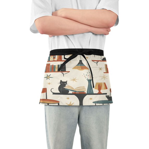 Yayeee Waist Apron with Pockets for Cooking Waterproof Half Server Aprons, Cats Reading Pattern