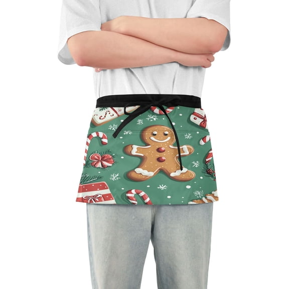 Yayeee Waist Apron with Pockets for Cooking Waterproof Half Server Aprons, Christmas Gingerbread