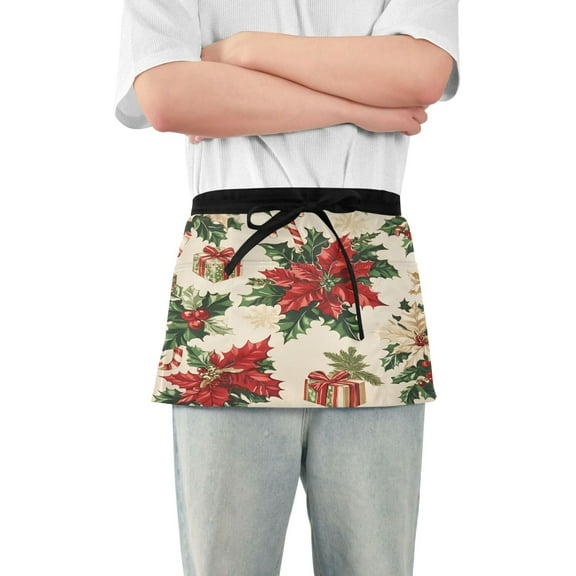 Yayeee Waist Apron with Pockets for Cooking Waterproof Half Server Aprons, Christmas Poinsettia