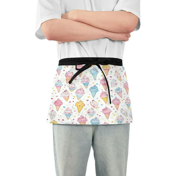 Yayeee Waist Apron with Pockets for Cooking Waterproof Half Server Aprons, Colorful Ice Cream Pattern