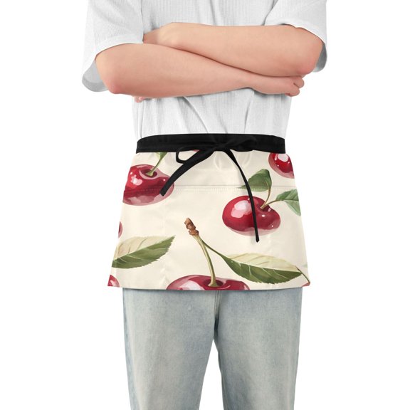 Yayeee Waist Apron with Pockets for Cooking Waterproof Half Server Aprons, Cute Cherry