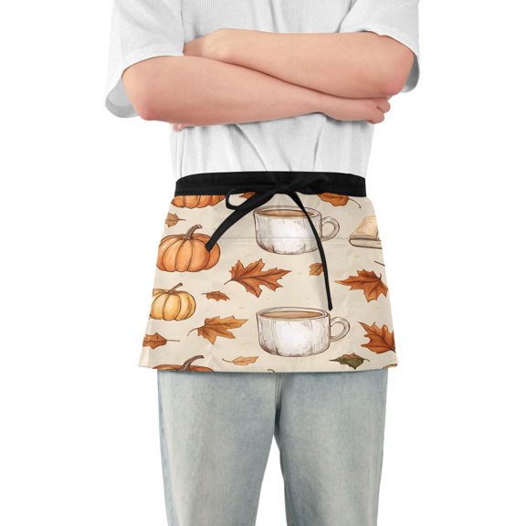 Yayeee Waist Apron with Pockets for Cooking Waterproof Half Server Aprons, Fall Mug Pattern