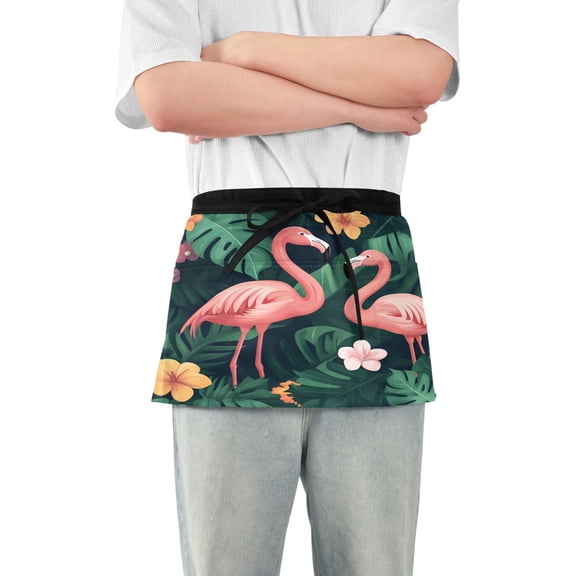Yayeee Waist Apron with Pockets for Cooking Waterproof Half Server Aprons, Flamingo Leaves Pattern