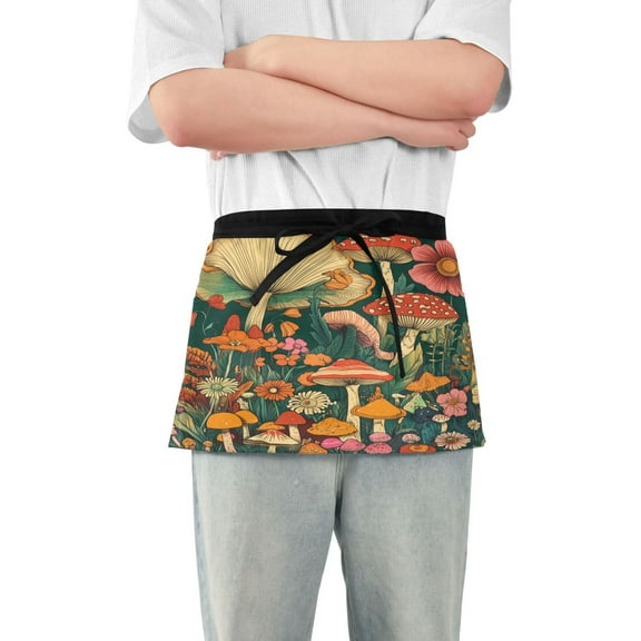 Yayeee Waist Apron with Pockets for Cooking Waterproof Half Server Aprons, Floral Mushroom