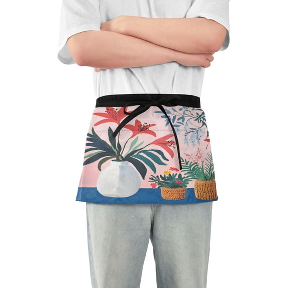 Yayeee Waist Apron with Pockets for Cooking Waterproof Half Server Aprons, Flowers and Leaves