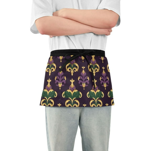 Yayeee Waist Apron with Pockets for Cooking Waterproof Half Server Aprons, Gold and Purple Floral Pattern