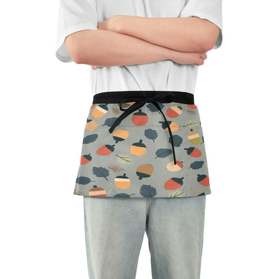 Yayeee Waist Apron with Pockets for Cooking Waterproof Half Server Aprons, Gray Acorns Pattern