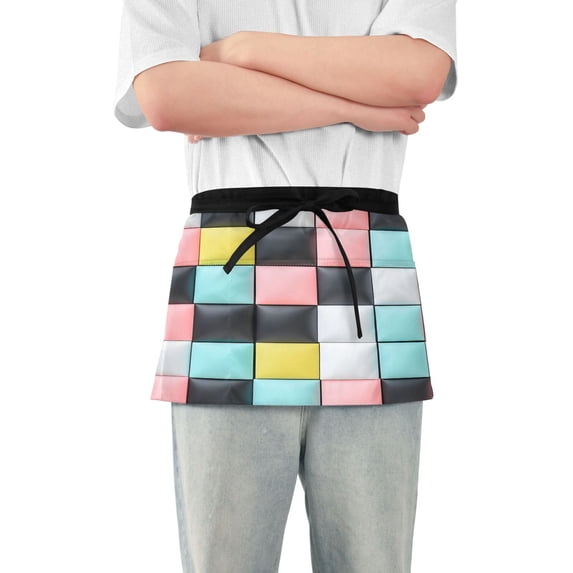 Yayeee Waist Apron with Pockets for Cooking Waterproof Half Server Aprons, Gray Checkered Pattern