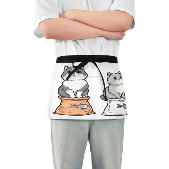 Yayeee Waist Apron with Pockets for Cooking Waterproof Half Server Aprons, Gray Cute Chubby Cat