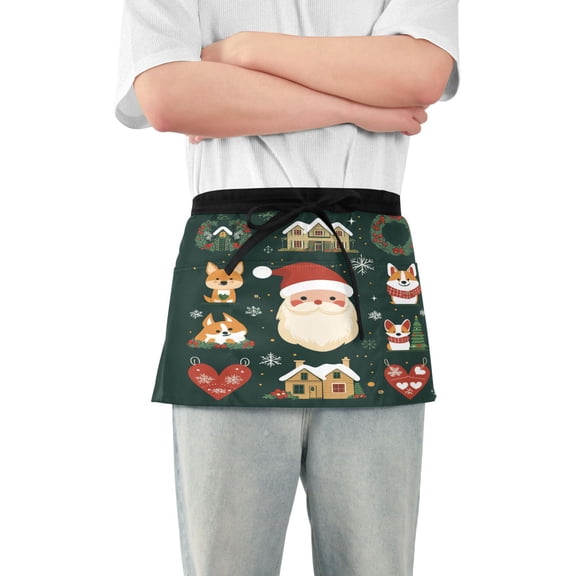Yayeee Waist Apron with Pockets for Cooking Waterproof Half Server Aprons, Green Christmas