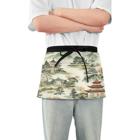 Yayeee Waist Apron with Pockets for Cooking Waterproof Half Server Aprons, Green Mountain Pattern