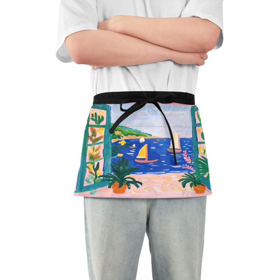 Yayeee Waist Apron with Pockets for Cooking Waterproof Half Server Aprons, Green Seaside