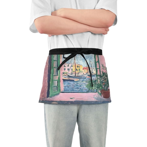Yayeee Waist Apron with Pockets for Cooking Waterproof Half Server Aprons, Green Window Sea