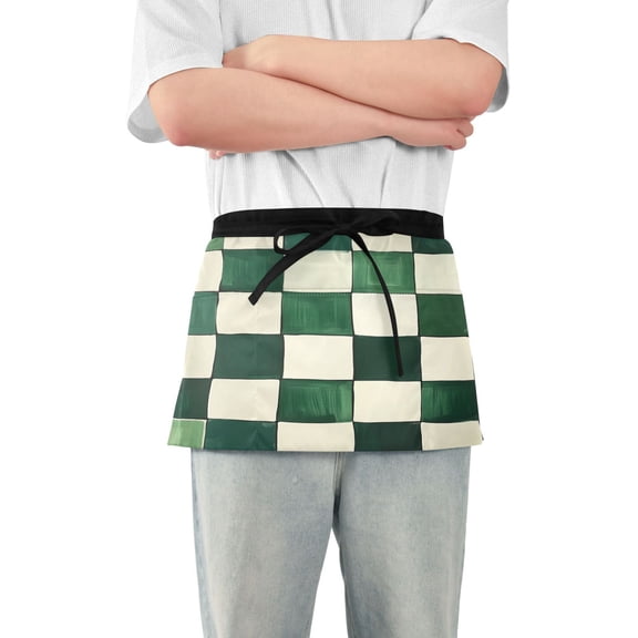 Yayeee Waist Apron with Pockets for Cooking Waterproof Half Server Aprons, Green and White Plaid Pattern
