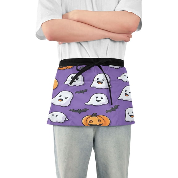 Yayeee Waist Apron with Pockets for Cooking Waterproof Half Server Aprons, Halloween Ghosts Purple