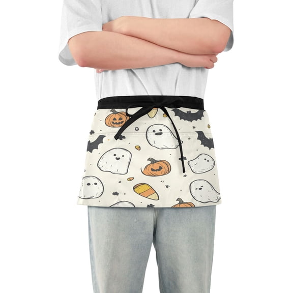 Yayeee Waist Apron with Pockets for Cooking Waterproof Half Server Aprons, Halloween Happy Ghosts